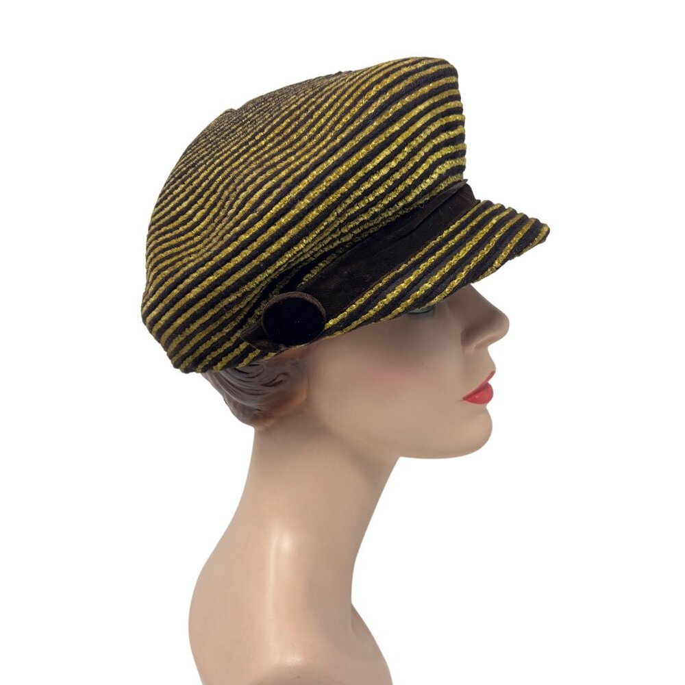 Vintage 50s Newsboy Hat Womens Striped Yellow Brown Knit Beret Cap - Picture 9 of 12